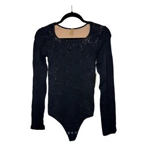 Shapellx Black Floral Lace Long Sleeve Bodysuit Square Neck Tan Lining 3XL 4XL
